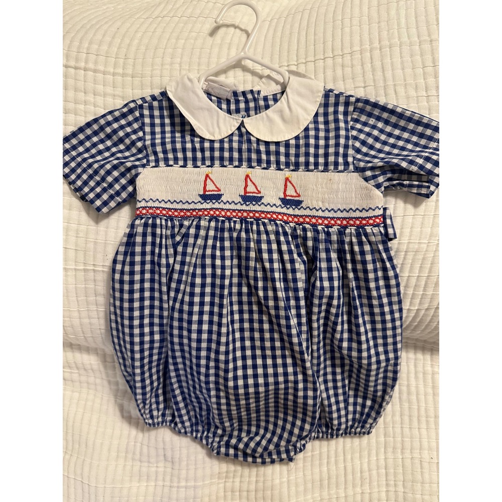 Hand Smocked Blue Gingham Sailboat Bubble Romper Peter Pan Collar 18M